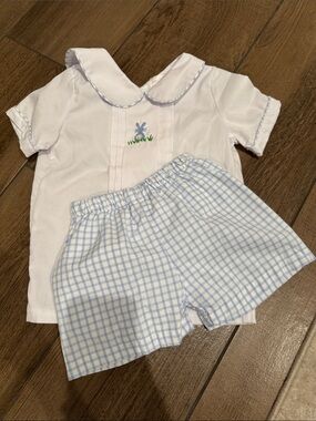 White & Light Blue Toddler Matching Set with Embroidered Bunny